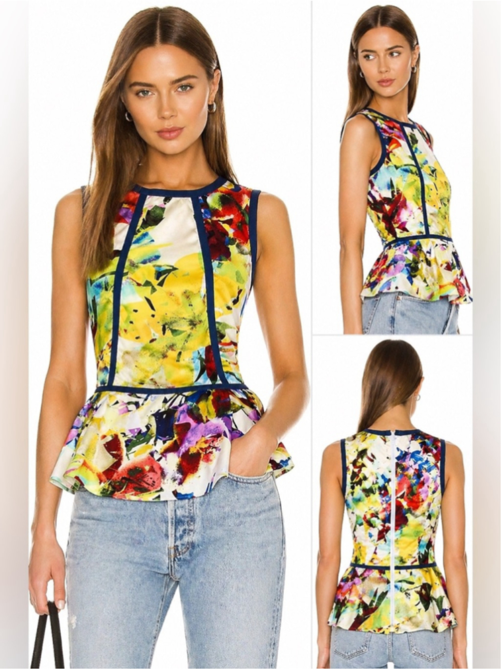 Anthropologie Parker silk Printed Peplum Top Medium Abstract Floral Stretch